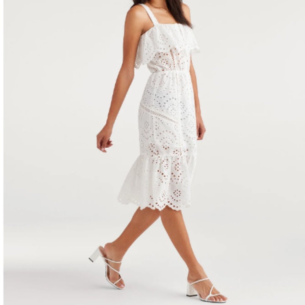- 7 FAM Off-shoulder Eyelet Midi Ruffled Shi…